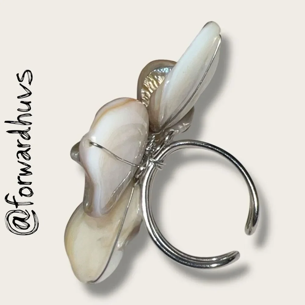 Hand Crafted Mother-of-Pearl Flower Ring – Adjustable Wire Wrap